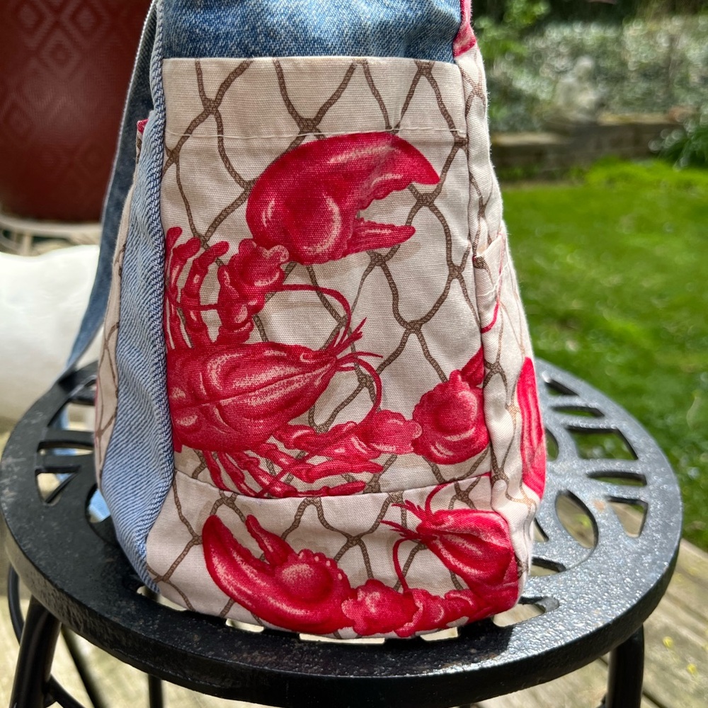 Hand Crafted Lobster Print and Denim Crossbody Bag - Picture 3 of 9